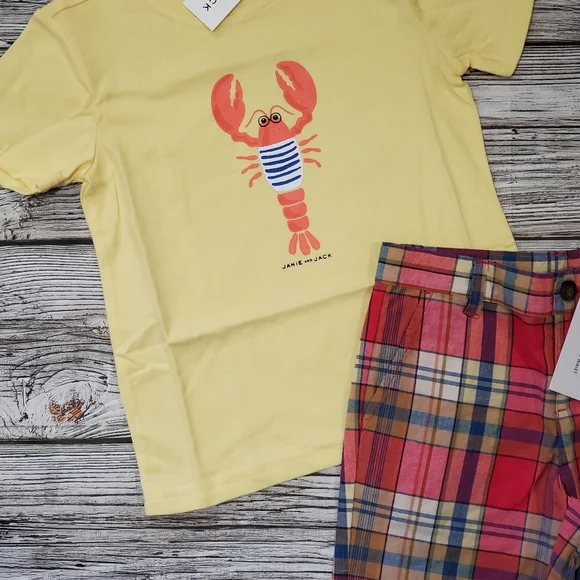 Janie and Jack Lobster Print T-Shirt and Plaid Shorts Outfit NWT - Picture 8 of 10